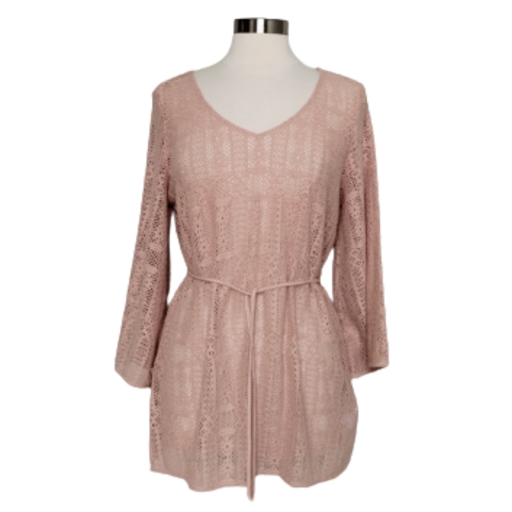 Lucky Brand Pink Crochet Lace Swim Coverup Tunic Top V-Neck Tie Waist Medium